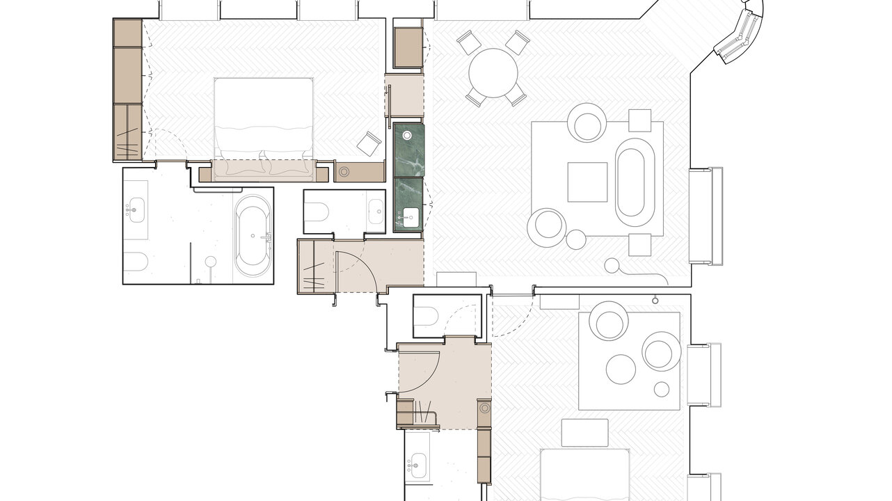 Der Grundriss einer Suite des Château Royal Berln mit zwei Schlafzimmern, zwei Badezimmern und einem Wohnbereich.