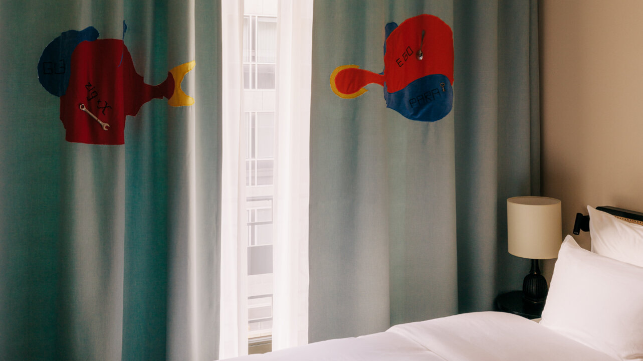 View of the curtains created by John Bock in the small bedroom of the family room in the Château Royal Berlin.