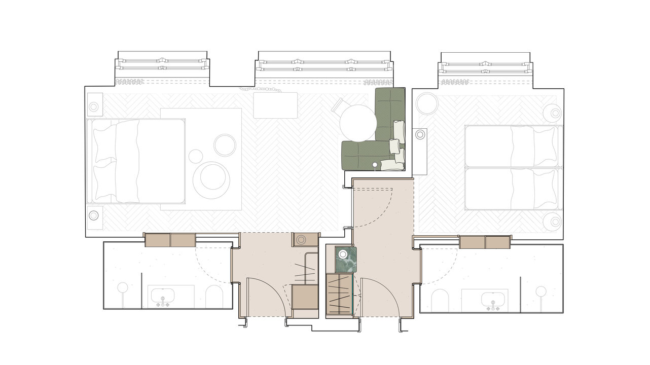 The floor plan of the family room with two bedrooms and two bathrooms in the boutique hotel Château Royal Berlin.