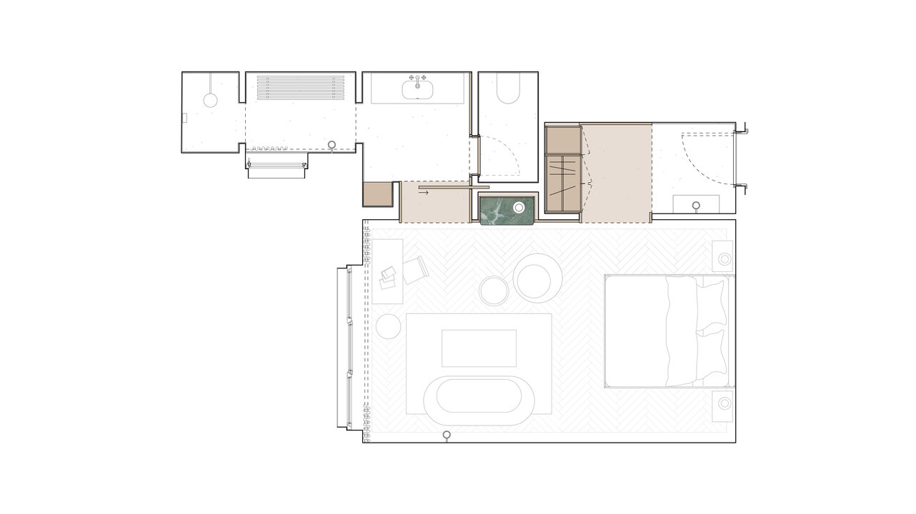 The floor plan of a junior suite in the Château Royal Berlin with a large bedroom and a bathroom.