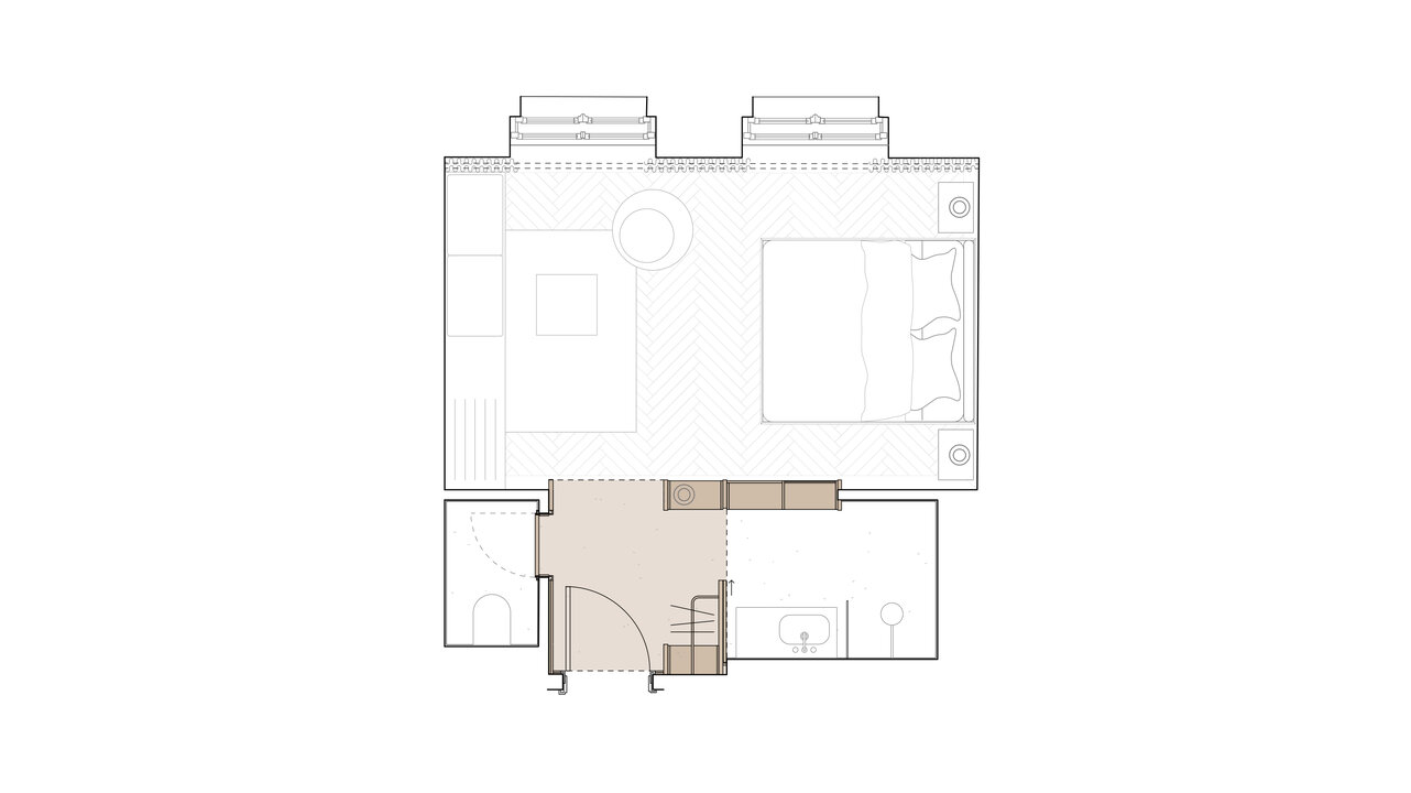 The floor plan of a medium hotel room at the Château Royal Berlin with a large bedroom, bathroom and separate toilet