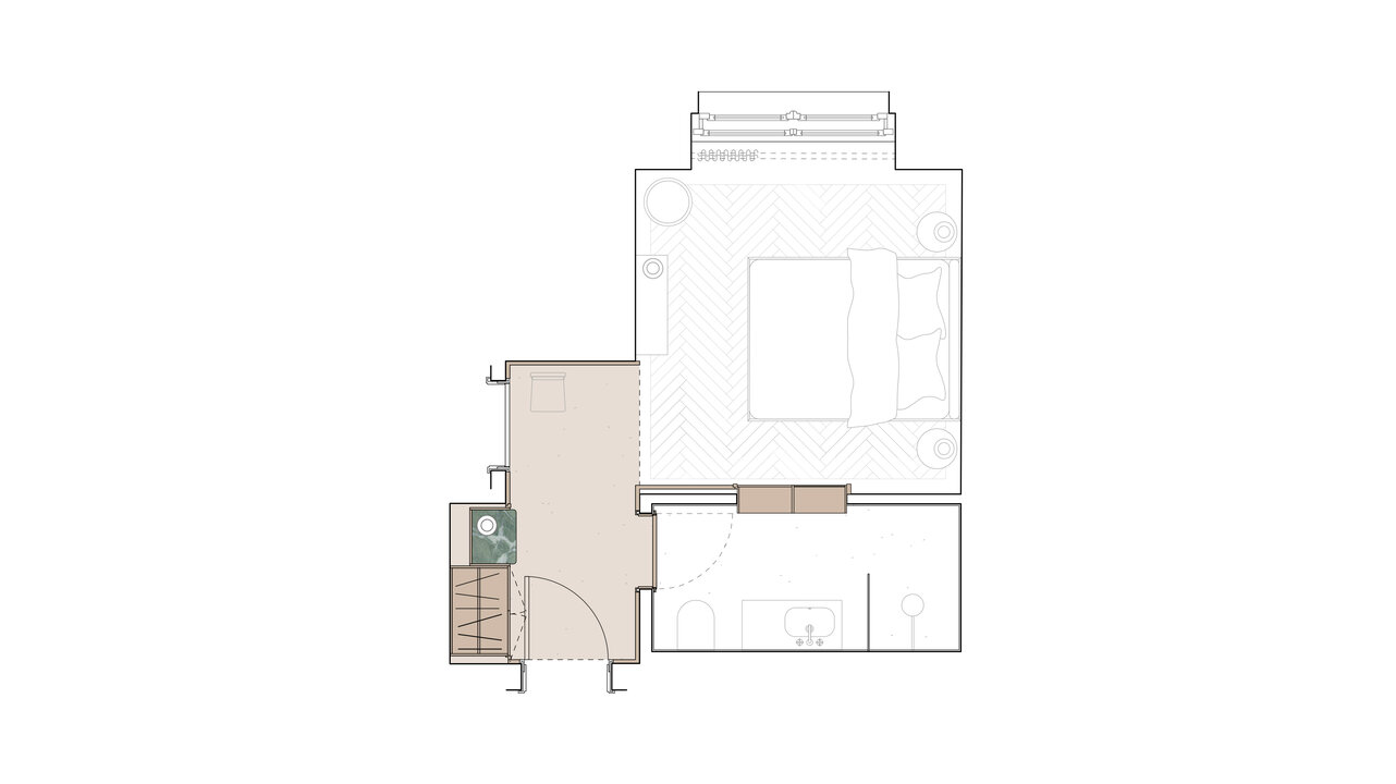 Floor plan of a small hotel room in the boutique hotel Château Royal, which has one bedroom and a bathroom with shower.