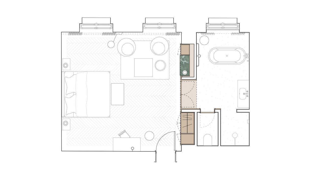 The floor plan of a suite in the boutique hotel Château Royal Berlin, with a bedroom and a bathroom with a bathtub and shower.