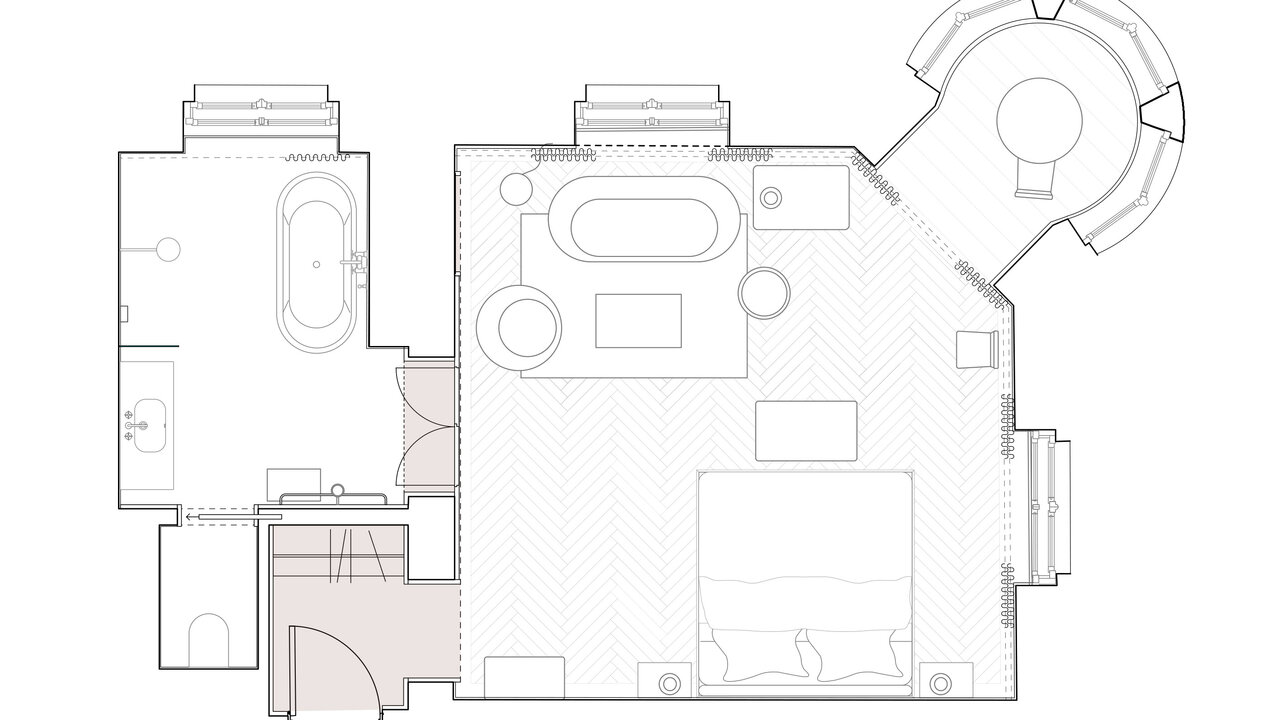 Floor plan of the Tower Suite in the boutique hotel Château Royal with a large bedroom, a bay window and a bathroom.